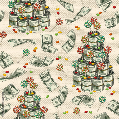 Seamless pattern with candy, flying banknotes, pyramid like money cake made of candy, bundles of 100 US dollar bills. Textured biege background. Concept of success and wealth.