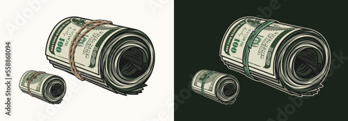 Money roll tied with rope. Rolls with obverse and reverse side of american 100 dollar bills. Cash money. Vintage style. Detailed vector illustration on black, white background. Perspective side view