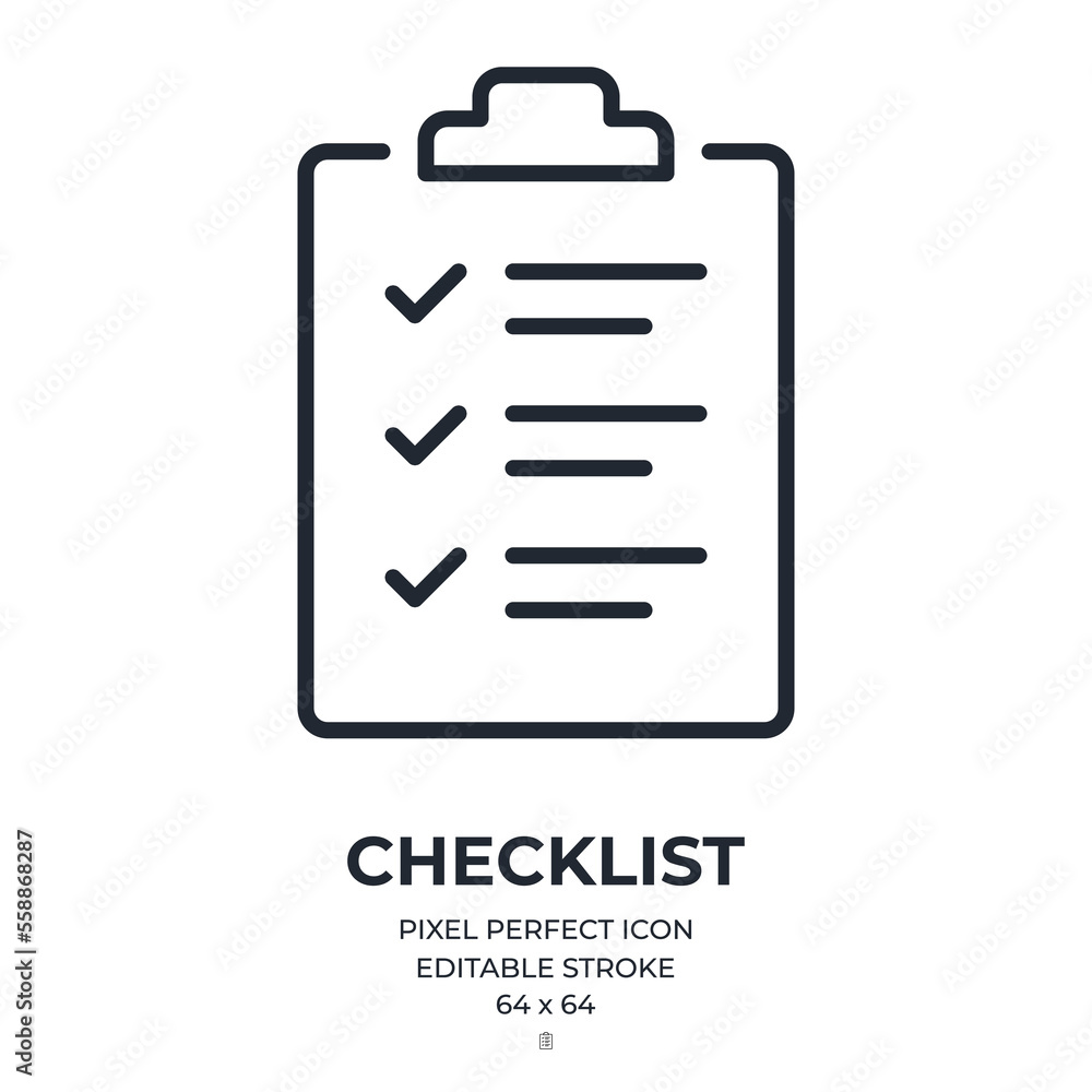 Checklist, clipboard, tick, report, test, questionnaire and form concept editable stroke outline icon isolated on white background flat vector illustration. Pixel perfect. 64 x 64. Checklist, clipboard, tick, report, test, questionnaire and form concept editable stroke outline icon isolated on white background flat vector illustration. Pixel perfect. 64 x 64.