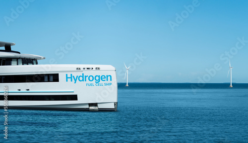 Cuadro en lienzo A hydrogen fuel cell yacht on a background of wind turbines at sea