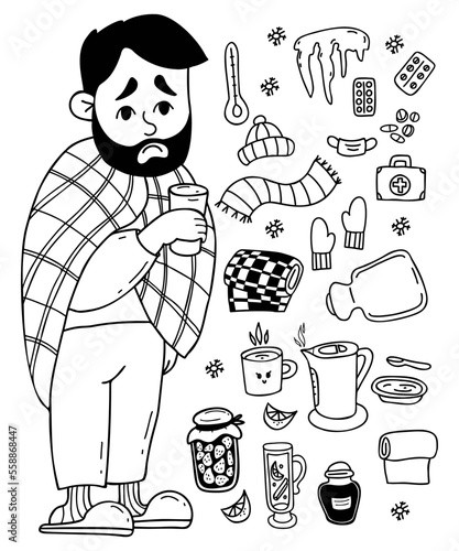 Sick sad bearded man wrapped in blanket with cup. collection of treatment items pills, scarf, hat, gloves, jam, kettle, mulled wine, heating pad and thermometer. Isolated vector linear doodles.
