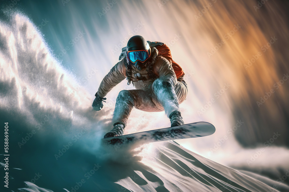 Obraz premium Extreme snowboarder riding down the snowy slope, jumping, puffs of snow, Generative AI