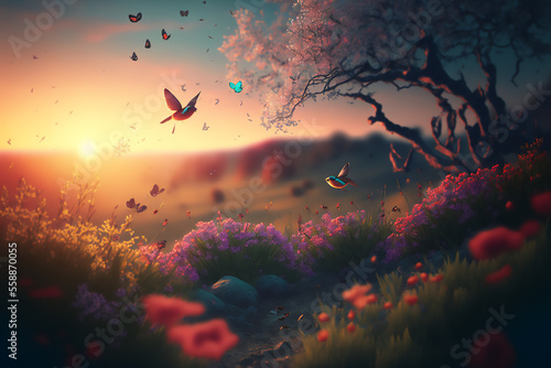 Spring Landscape with Birds  Butterflies  and colorful flowers at sunrise sunset Generative AI 