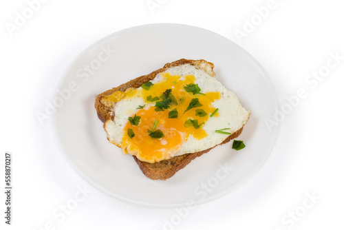 Open sandwich with fried egg on a white dish