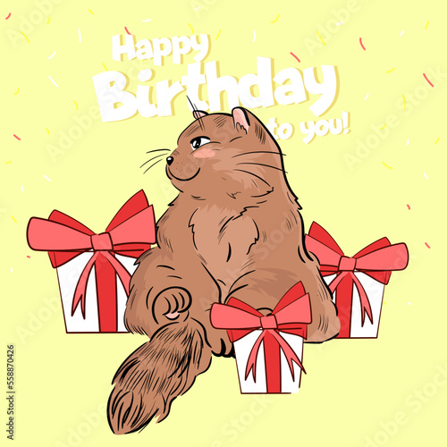 Happy birthday greeting card with illustration of cute cat with gift