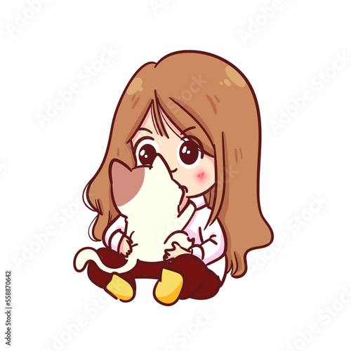 Girl sitting and holding a cat character hand drawn cartoon vector art illustration
