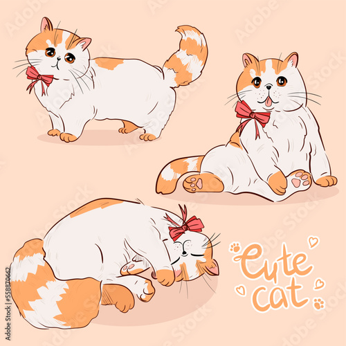Vector illustration set of cute cats with a bow on a light background