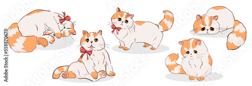 Vector illustration set of cute cats with a bow on a light background