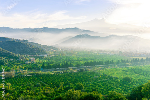 view at beautiful misty spring mountain valley with green gardens and mountains in mist on background of landscape