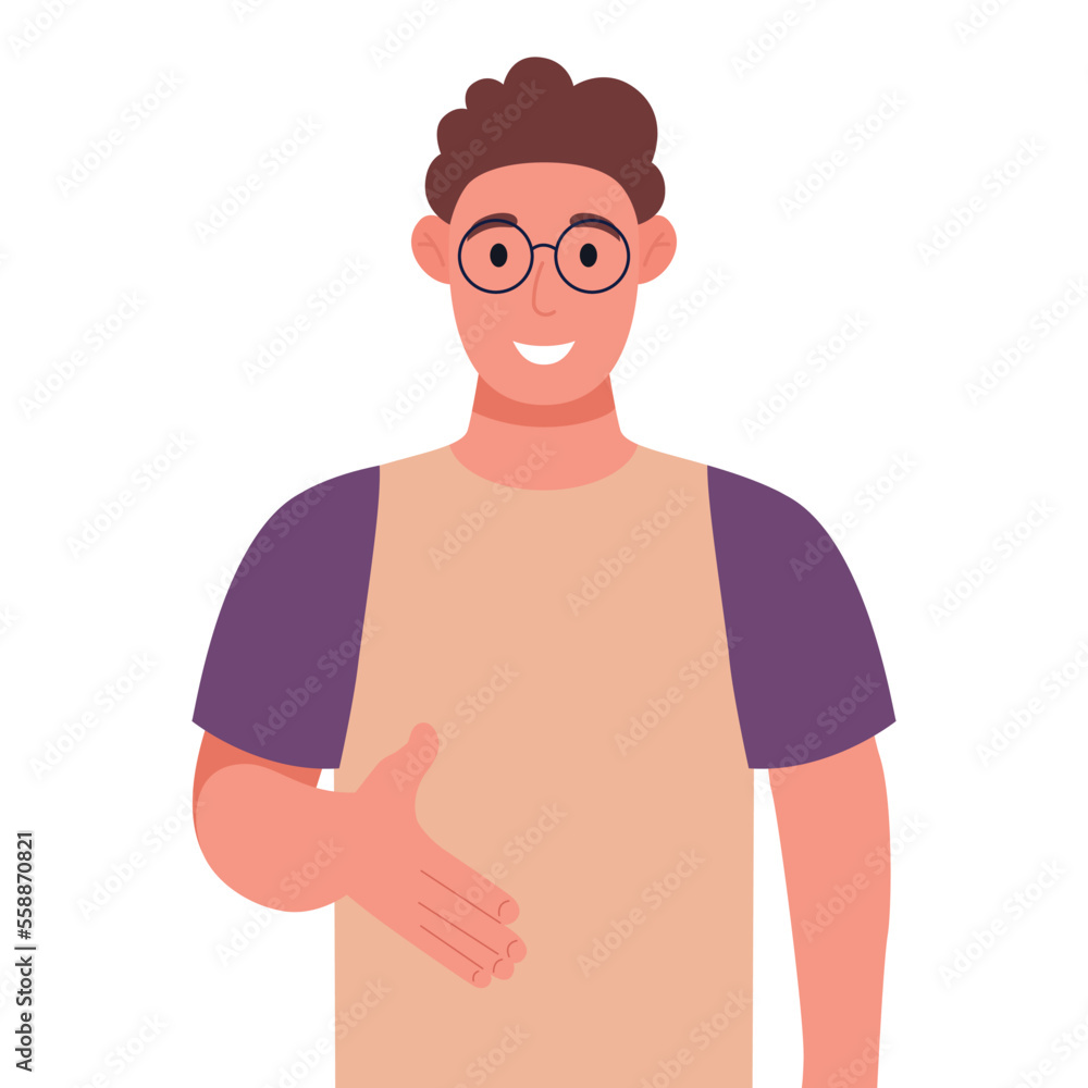 Curly young man in glasses giving hand shake pose and smiling with welcome gesture. Vector illustration.