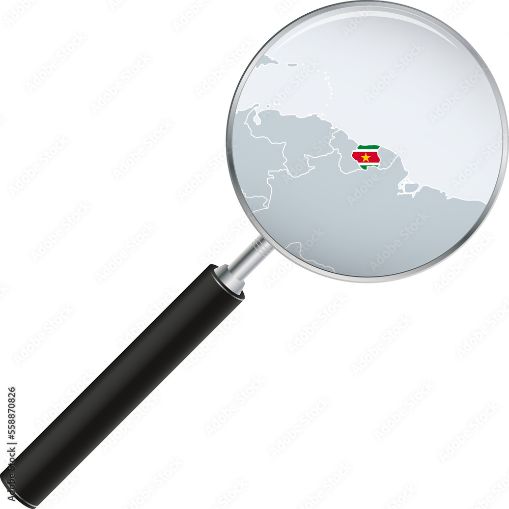 Suriname map with flag in magnifying glass. Suriname map with flag in magnifying glass.