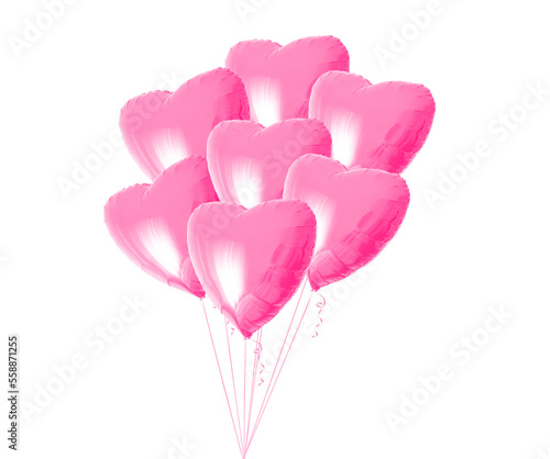 Bunch of beautiful light pink heart shaped balloons with ribbon isolated on a white background. Valentines day. Love symbol. Birthday party. Business card. Gift certificate. Greeting card. 7 Seven. © Hanna