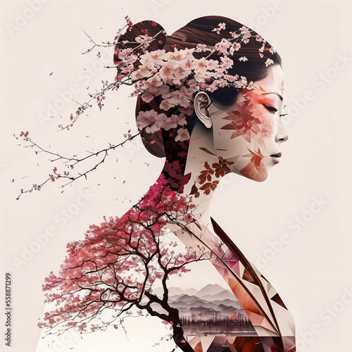 Tablou canvas Geisha with floral design and cherry blossom