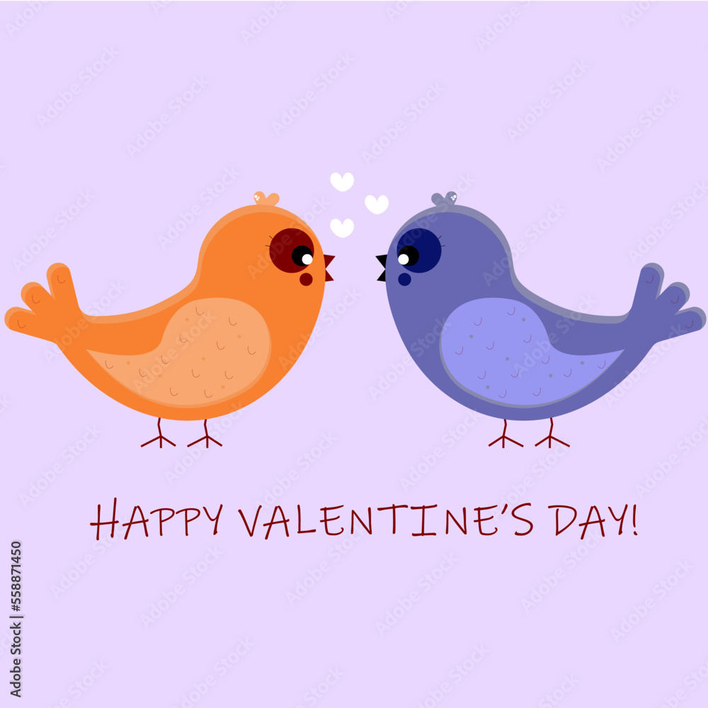 Postcard on Valentines's day with two birds on the ground and hearts