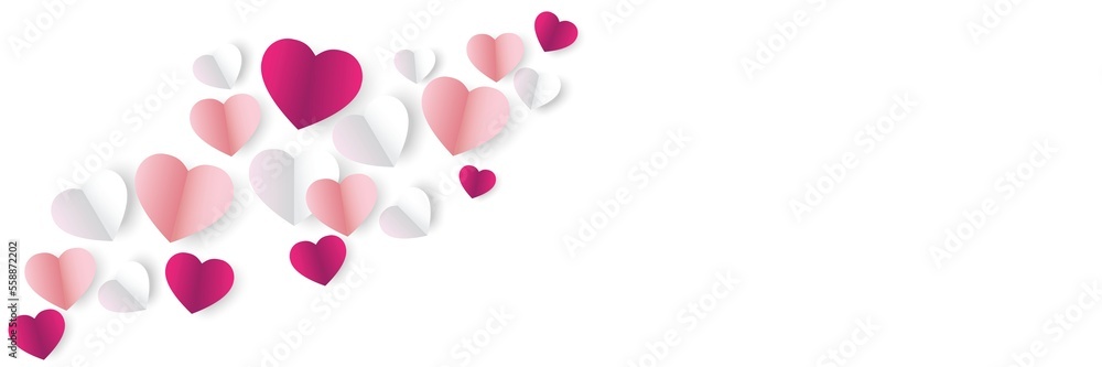 Hearts border paper cut Isolated on transparent background. Vector illustration. Red, rose pink and white colors decorations for Valentine's day design. 