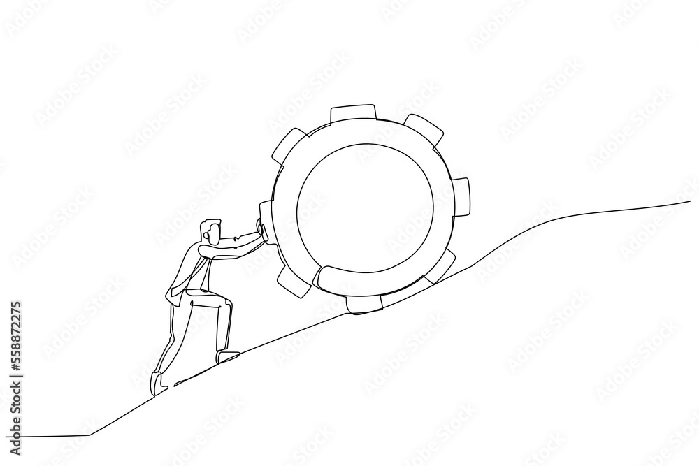Drawing of businessman pushing gear to the top metaphor of persistence and hard work. Single continuous line art style - obrazy, fototapety, plakaty 