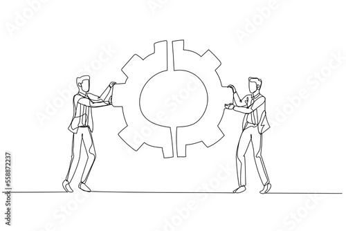 Illustration of businessman with team colleagues connecting cogwheel gear together concept of integration partnership. Single line art style