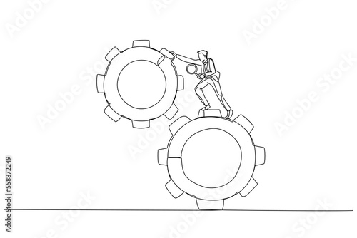 Drawing of businessman leader use magnifying glass analyze cog wheels problem concept problem fix. Single continuous line art style