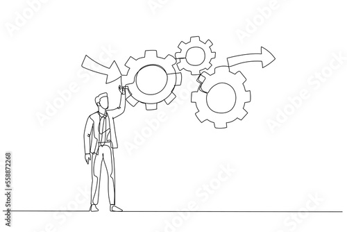 Fototapeta Naklejka Na Ścianę i Meble -  Illustration of businessman make cogwheels work effective and efficient for best result concept of workflow management. Single line art style