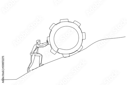 Drawing of businessman pushing gear to the top metaphor of persistence and hard work. Single continuous line art style