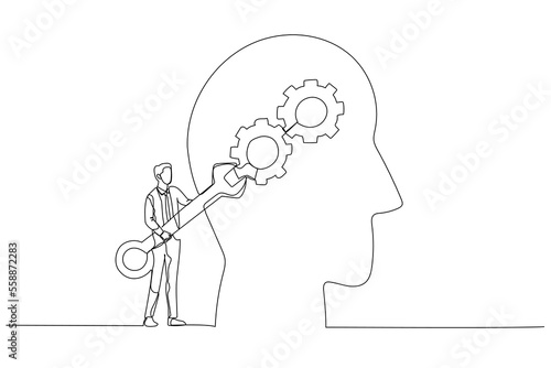 Cartoon of businessman with using wrench fixing gear cogwheels metaphor for change mindset attitude. One line art style
