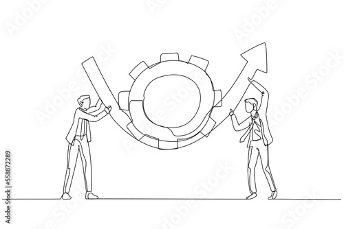 Illustration of businessman partner help rotate gear cogwheel to make arrow rising up concept of business transformation. Single continuous line art style