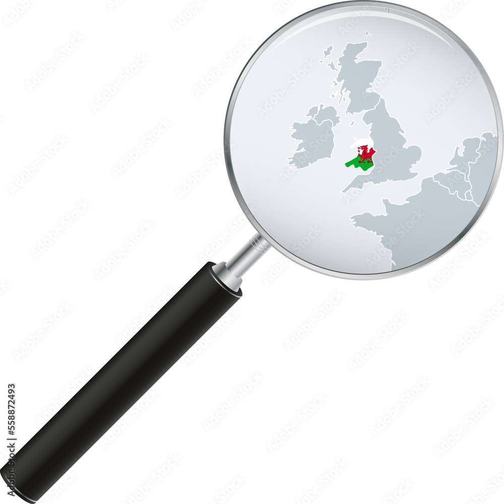 Wales map with flag in magnifying glass. Wales map with flag in magnifying glass.