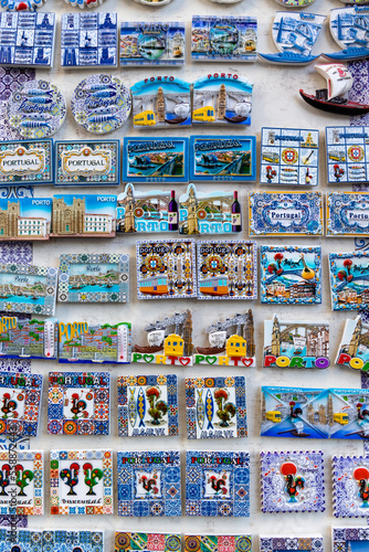 Porto, Portugal - December 07, 2022: city souvenirs at a street stall in the historic center of the city of Porto, Portugal