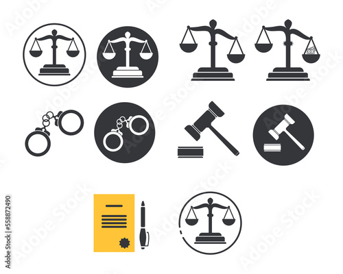 legal justice scale icon, handcuffs icon as well as a notebook