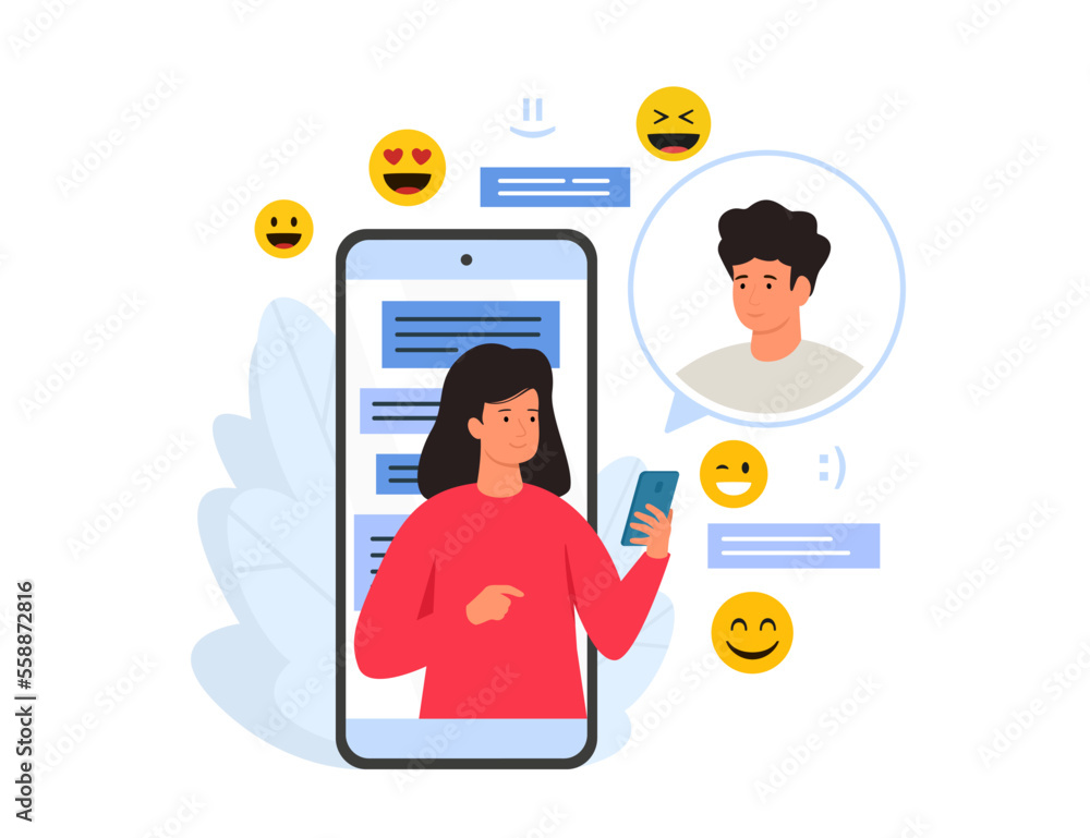 Vector illustration of chatting and messaging concept. Characters chatting on smartphone with chat bubbles and emoji icons. Vector illustration of chatting and messaging concept. Characters chatting on smartphone with chat bubbles and emoji icons.