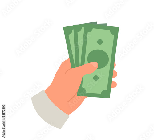 Hand holding money banknotes. Cash. Vector flat illustration isolated on white backround.