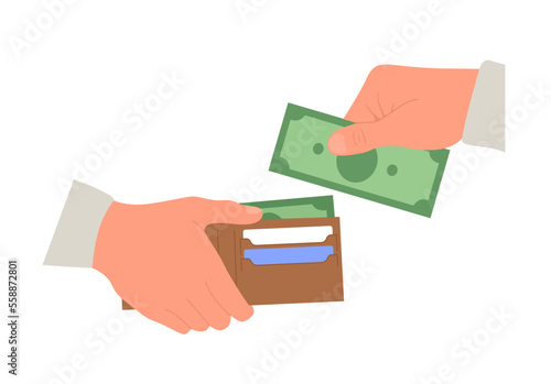 Hand holding wallet with money. Human hand takes cash from wallet. Paper currency, payment, banknotes. Flat vector illustration on white background.