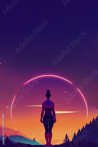Hand-drawn digital illustration of woman doing yoga meditation, a calm healing atmosphere, can be used for banner background, or healthy sports marketing campaign.