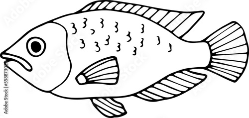 Hand drawn outline fish icon. Children's coloring book. Underwater world. Sea life. Vector illustration, doodle style.
