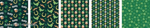 cute lucky Saint St Patrick day seamless pattern set bundle collection, in green shamrocks clovers four leaf clovers. Irish gentleman patterns, hat, horseshoe 
