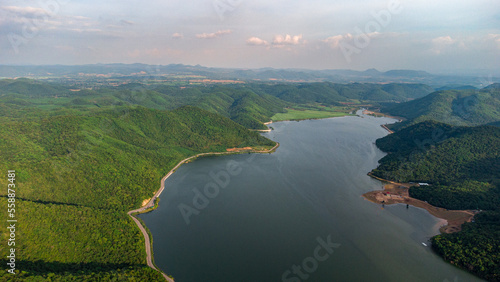 Wallpaper Mural Muak Lek reservoir in Saraburi from aerial bird eye view. Beautiful unseen nature at Muak Lek dam with roadway beside with water and tree hill. Torontodigital.ca