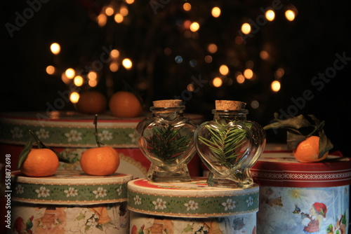 christmas decoration on the table with oranges