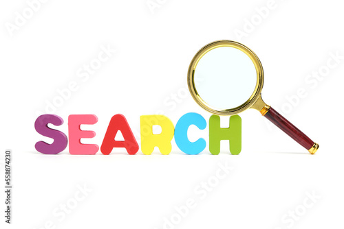 Magnifying glass and word search consisting multicolored letters white background.