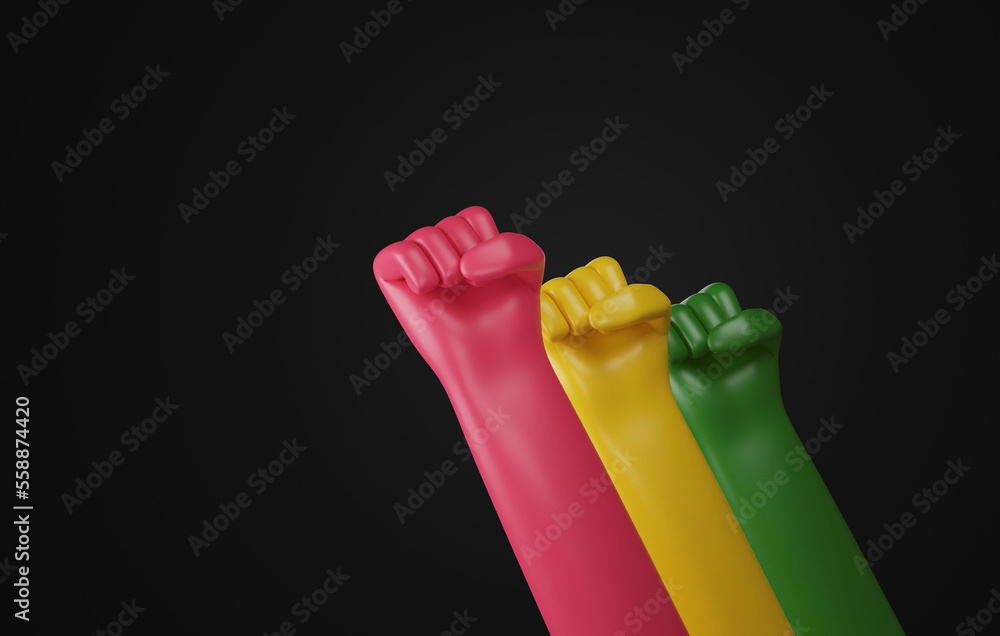 People raising their fists on black background Black history month