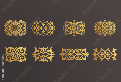 Set of 8 islamic golden ornaments on black background in vector. Circular ornamental arabic symbols. Abstract Asian elements of the national pattern of the ancient nomads of the Kazakhs, Tatars.