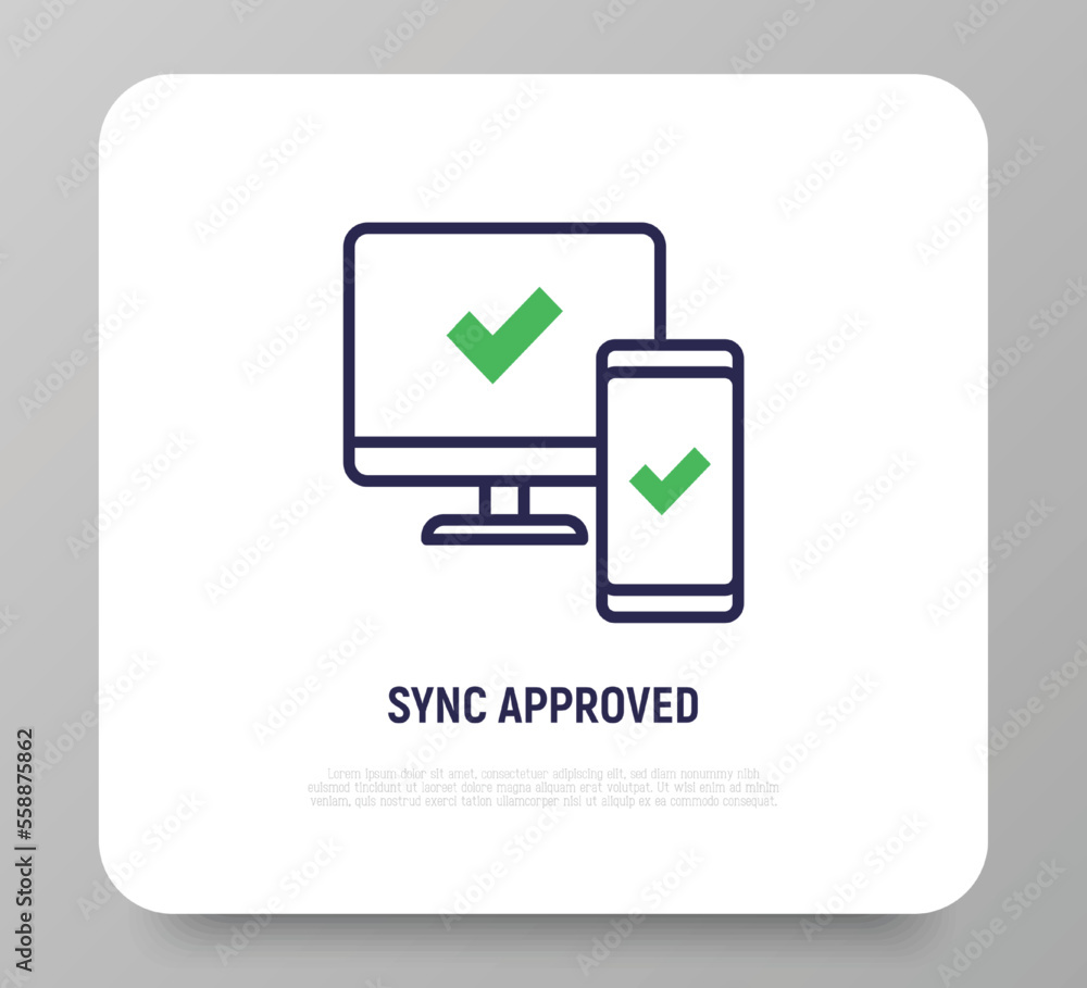 Sync between computer and smartphone is approved: check marks are on device screens. Thin line icon. Modern vector illustration. Sync between computer and smartphone is approved: check marks are on device screens. Thin line icon. Modern vector illustration.