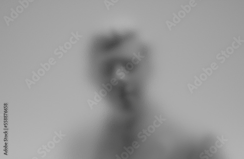 3d illustration privacy concept of silhouette of stranger man in business suit watching from behind a transparent white frosted glass office window door