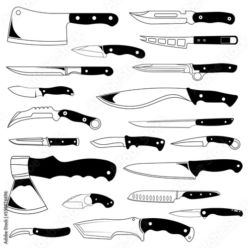 Different types of knife - for kitchen, folding, combat, hunting daggers. Knives collection isolated on white background. Vector illustration.