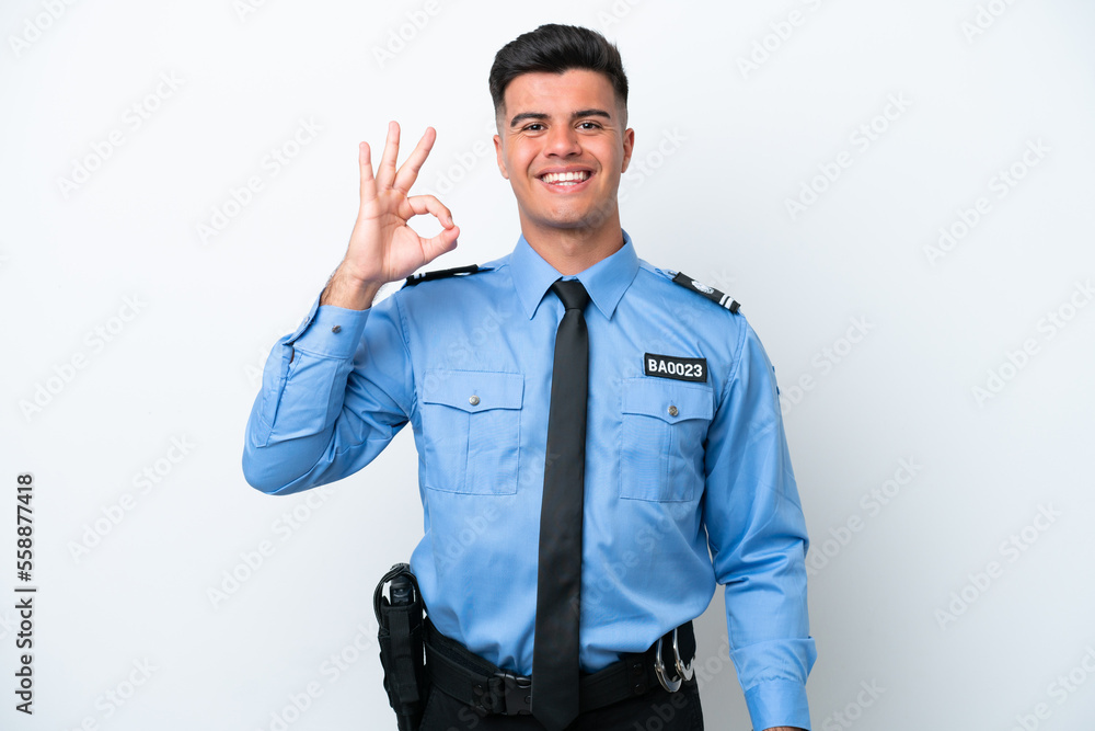 Young police caucasian man isolated on white background showing ok sign with fingers Young police caucasian man isolated on white background showing ok sign with fingers