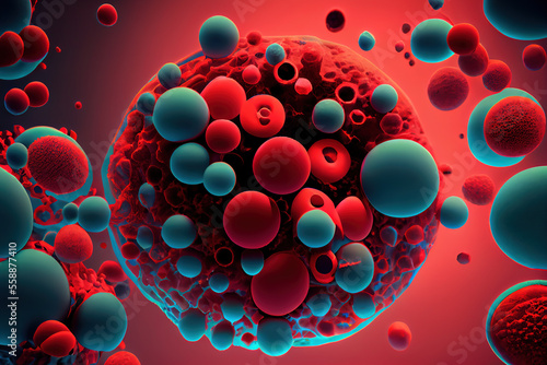 Virus cell or blood cell under microscope, Generative AI
 photo