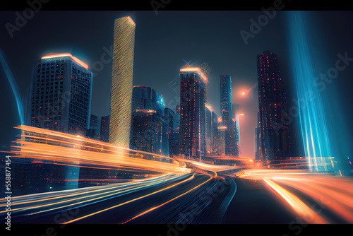 Modern Urban city scape with traffic light trails, Generative AI © fusebulb