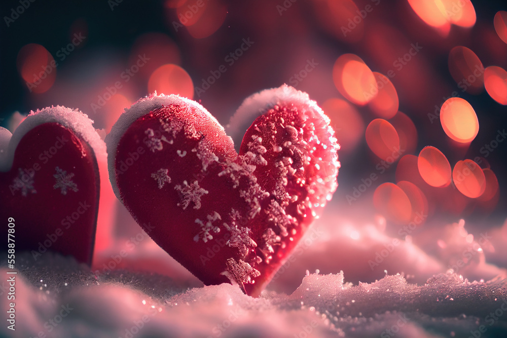 Snow covered fluffy red hearts, Generative AI Snow covered fluffy red hearts, Generative AI