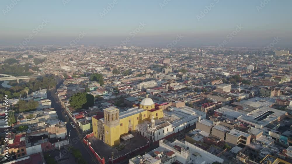 Aerial shot at dawn of the old parish in Salamanca Guanajuato Aerial shot at dawn of the old parish in Salamanca Guanajuato