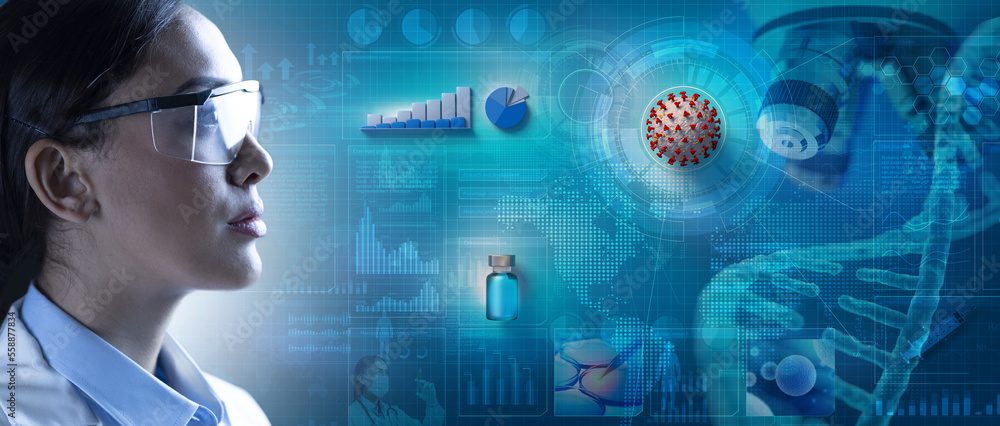 Doctor or chemist analazing charts and infographics about efficacy of virus vaccine. 3D rendering elements. Concept about coronavirus vaccine booster stats. Doctor or chemist analazing charts and infographics about efficacy of virus vaccine. 3D rendering elements. Concept about coronavirus vaccine booster stats.