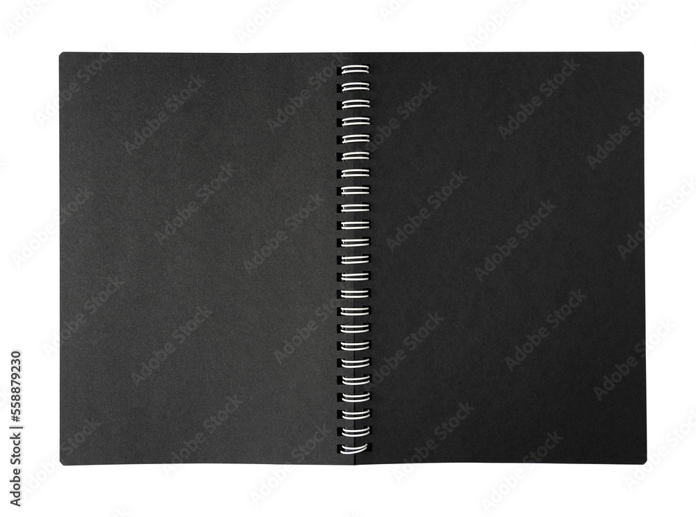 open notebook with metal spiral and black blank pages isolated on white open notebook with metal spiral and black blank pages isolated on white